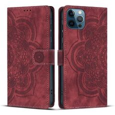 Per iPhone 12 Pro Max Custodia per telefono in pelle smerigliata retrò con motivo mandala in rilievo (rosso)