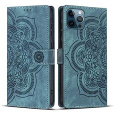 Per iPhone 12 Pro Max Custodia per telefono in pelle smerigliata retrò con motivo mandala in rilievo (blu)