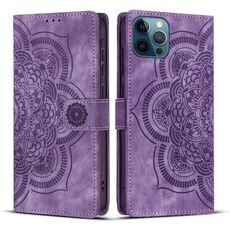 Per iPhone 12 Pro Max Custodia per telefono in pelle smerigliata retrò con motivo mandala in rilievo (viola)