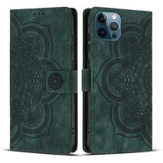 Per iPhone 12 Pro Max Custodia per telefono in pelle smerigliata retrò con motivo mandala in rilievo (verde)