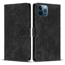 Per iPhone 12 Pro Max Custodia per telefono in pelle smerigliata retrò con motivo mandala in rilievo (nero)
