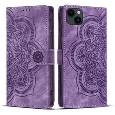 Per iPhone 12 mini / 13 mini Custodia per telefono in pelle smerigliata retrò con motivo mandala in rilievo (viola)