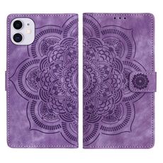 Per iPhone 11 Custodia per telefono in pelle smerigliata retrò con motivo mandala in rilievo (viola)