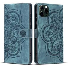 Per iPhone 11 Pro Custodia per telefono in pelle smerigliata retrò con motivo mandala in rilievo (blu)