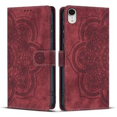 Per iPhone XR Custodia per telefono in pelle smerigliata retrò con motivo mandala in rilievo (rosso)