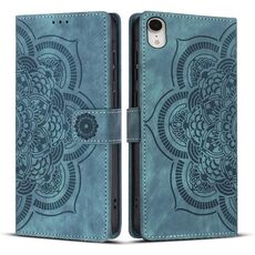 Per iPhone XR Custodia per telefono in pelle smerigliata retrò con motivo mandala in rilievo (blu)