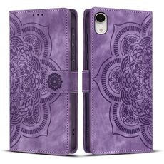 Per iPhone XR Custodia per telefono in pelle smerigliata retrò con motivo mandala in rilievo (viola)