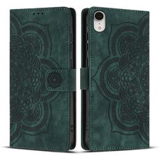 Per iPhone XR Custodia per telefono in pelle smerigliata retrò con motivo mandala in rilievo (verde)