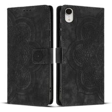 Per iPhone XR Custodia per telefono in pelle smerigliata retrò con motivo mandala in rilievo (nero)