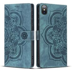 Per iPhone XS Max Custodia per telefono in pelle smerigliata retrò con motivo mandala in rilievo (blu)