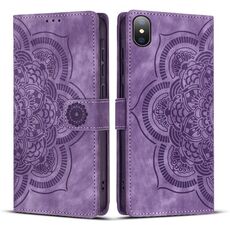 Per iPhone XS Max Custodia per telefono in pelle smerigliata retrò con motivo mandala in rilievo (viola)