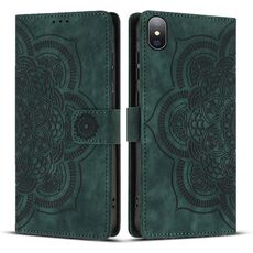 Per iPhone XS Max Custodia per telefono in pelle smerigliata retrò con motivo mandala in rilievo (verde)