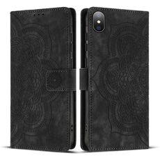 Per iPhone XS Max Custodia per telefono in pelle smerigliata retrò con motivo mandala in rilievo (nero)