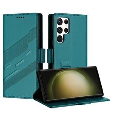 Per Samsung Galaxy S22 Ultra 5G Custodia per telefono in pelle retrò con portafoglio e ventosa laterale multifunzionale in rilievo (verde scuro)