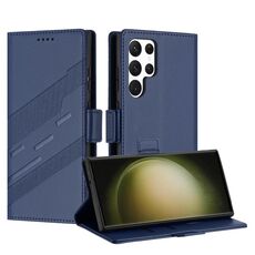 Per Samsung Galaxy S24 Ultra 5G Custodia per telefono in pelle retrò con portafoglio e ventosa laterale multifunzionale in rilievo (blu scuro)