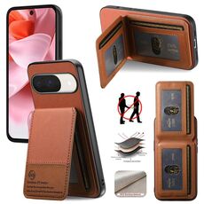 Per Google Pixel 9 / 9 Pro Twill Tessuto Pelle Verticale Flip RFID Card Bag Custodia per Telefono (Marrone)