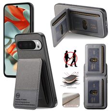 Per Google Pixel 9 Pro XL Twill Tessuto Pelle Verticale Flip RFID Card Bag Custodia per Telefono (Grigio)