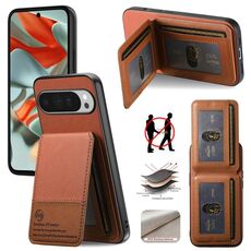 Per Google Pixel 9 Pro XL Twill Tessuto Pelle Verticale Flip RFID Card Bag Custodia per Telefono (Marrone)