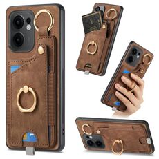 Per OPPO Reno13 F Retro Skin-feel Ring Card Bag Custodia per telefono con passante per appendere (marrone)