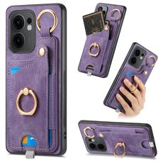 Per OPPO Reno13 F Retro Skin-feel Ring Card Bag Custodia per telefono con passante per appendere (viola)