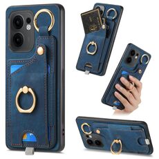 Per OPPO Reno13 F Retro Skin-feel Ring Card Bag Custodia per telefono con passante per appendere (blu)