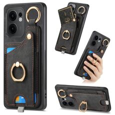 Per OPPO Reno13 F Retro Skin-feel Ring Card Bag Custodia per telefono con passante per appendere (nero)