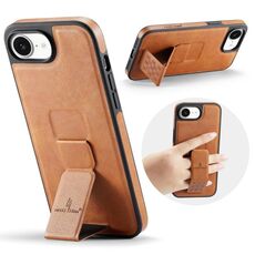 Per iPhone 16e Fierre Shann Custodia per telefono con supporto posteriore in pelle di mucca cerata e olio (marrone)