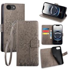 Per iPhone 16e Custodia in pelle goffrata con motivo albero e cervo (grigio)