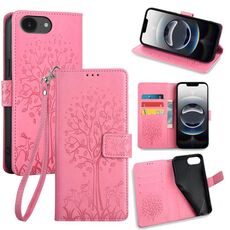 Per iPhone 16e Custodia in pelle goffrata con motivo albero e cervo (rosa)