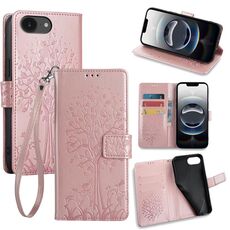 Per iPhone 16e Custodia in pelle goffrata con motivo albero e cervo (oro rosa)