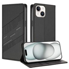 Per iPhone 15 Custodia per telefono in pelle retrò con portafoglio multifunzionale in rilievo (nero)