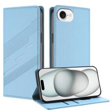 Per iPhone 16e Custodia per telefono in pelle retrò con portafoglio multifunzionale in rilievo (azzurro chiaro)