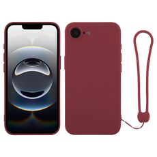 Per iPhone 16e Custodia in silicone con cinturino da polso (rosso vino)