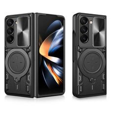 Per Samsung Galaxy Z Fold7 CD Texture Custodia per telefono con supporto magnetico scorrevole Camshield (nero)