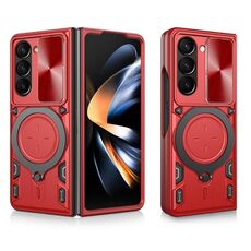 Per Samsung Galaxy Z Fold7 CD Texture Custodia per telefono con supporto magnetico scorrevole Camshield (rosso)
