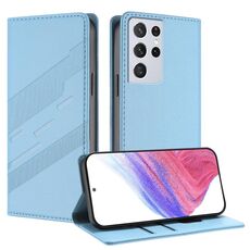 Per Samsung Galaxy S21 Ultra 5G Custodia per telefono in pelle retrò con portafoglio multifunzionale in rilievo (azzurro chiaro)