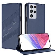 Per Samsung Galaxy S21 Ultra 5G Custodia per telefono in pelle retrò con portafoglio multifunzionale in rilievo (blu scuro)