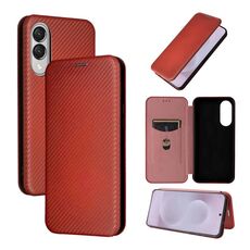 Per Samsung Galaxy S25 Edge 5G Custodia in pelle con texture in fibra di carbonio (marrone)