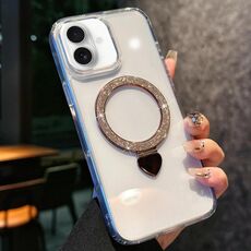 Per iPhone 16 Love Glitter Powder MagSafe Holder Custodia per telefono con pellicola per obiettivo (oro)