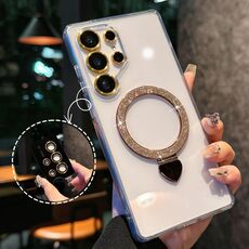 Per Samsung Galaxy S24 Ultra 5G Love Glitter Powder MagSafe Holder Custodia per telefono con pellicola per obiettivo (oro)