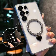 For Samsung Galaxy S25 Ultra 5G Love Glitter Powder MagSafe Holder Phone Case with Lens Film(Silver)