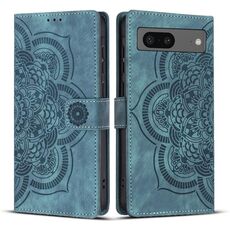 Per Google Pixel 8a Custodia per telefono in pelle smerigliata retrò con motivo mandala in rilievo (blu)