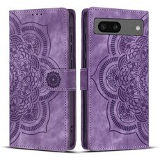 Per Google Pixel 8a Custodia per telefono in pelle smerigliata retrò con motivo mandala in rilievo (viola)