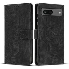 Per Google Pixel 8a Custodia per telefono in pelle smerigliata retrò con motivo mandala in rilievo (nero)