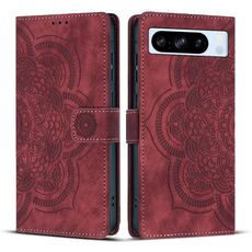Per Google Pixel 8 Pro Custodia per telefono in pelle smerigliata retrò con motivo mandala in rilievo (rosso)