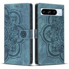 Per Google Pixel 8 Pro Custodia per telefono in pelle smerigliata retrò con motivo mandala in rilievo (blu)