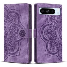 Per Google Pixel 8 Pro Custodia per telefono in pelle smerigliata retrò con motivo mandala in rilievo (viola)