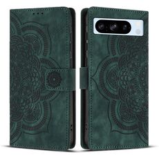 Per Google Pixel 8 Pro Custodia per telefono in pelle smerigliata retrò con motivo mandala in rilievo (verde)