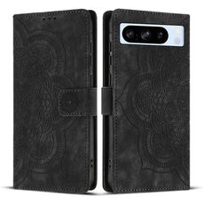 Per Google Pixel 8 Pro Custodia per telefono in pelle smerigliata retrò con motivo mandala in rilievo (nero)