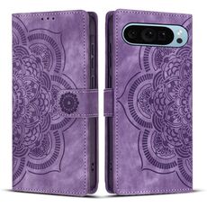 Per Google Pixel 9 / 9 Pro Custodia per telefono in pelle smerigliata retrò con motivo mandala in rilievo (viola)